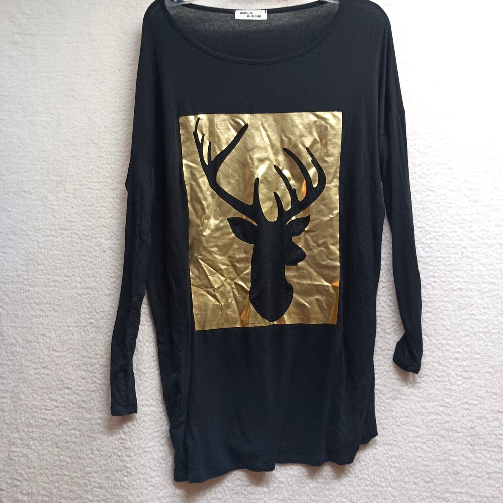 Million Bullpup Tunic Blouse/ Gown Size Large Black Gold‎ Deer Long Sleeve